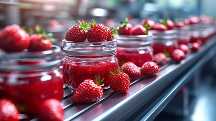 Jars of Fresh Strawberry Jam on Conveyor Belt in Food Factory