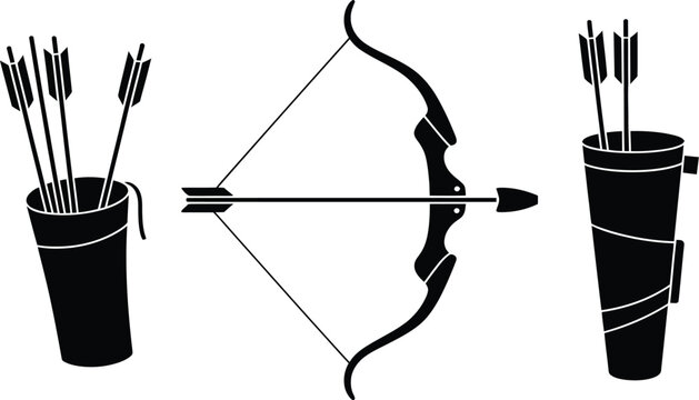 Illustration of a bow and arrow set with quivers and arrows in a simple black and white style