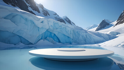 Podium product presentation with snow mountain background in daytime