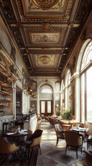 Naklejka premium Grand Restaurant Interior With Ornate Gold Ceiling
