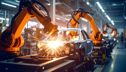 Robotic arms welding car body in automotive manufacturing factory