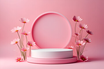  Blank podium with pink roses on pink background. Showcase for product, perfume, jewelry and cosmetic presentation 
