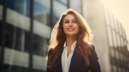 Confident Young Businesswoman with Long Blonde Hair Smiling Outdoors in City
