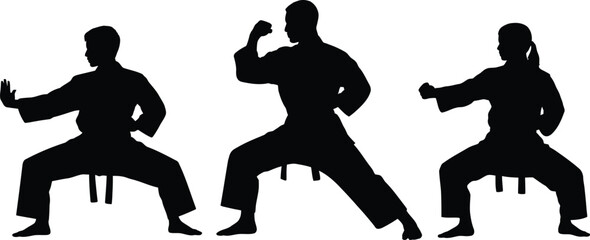 Three silhouette figures in karate poses against a white background in a martial arts setting