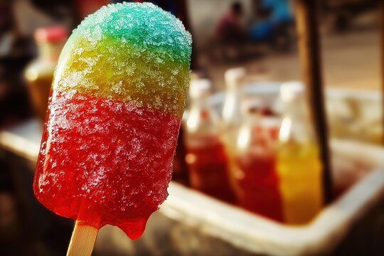 Indian Ice Popsicle (chuski) with Vibrant Syrups on Stick, Street Cart Summer Treat in Sunlight