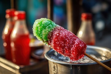 Indian Ice Popsicle (chuski) with Vibrant Syrups on Stick, Street Cart Summer Treat in Sunlight
