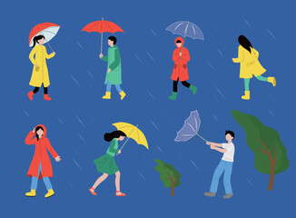 People wearing raincoats and umbrellas during the rainy season clip art set vector illustration