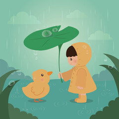 Rainy season illustration of a child in a yellow raincoat covering a chick with an umbrella of leaves