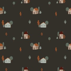 Cartoon country cottages and trees Scandinavian seamless pattern, hand draw village wallpaper, dark background
