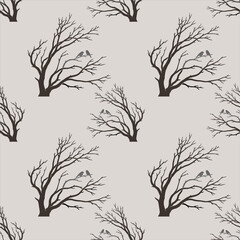 A seamless wallpaper with dry branch patterns represents a deciduous leaf. There are two birds, a vector pattern	
