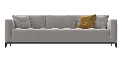 gray velvet sofa front view isolated.