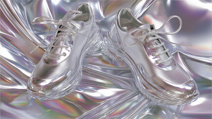 Futuristic chrome sneakers on iridescent holographic background. Trendy metallic fashion design with vaporwave aesthetic, luxury texture and surreal digital styling for modern product display.