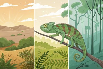 Colorful chameleon perched on branch in three nature backgrounds  