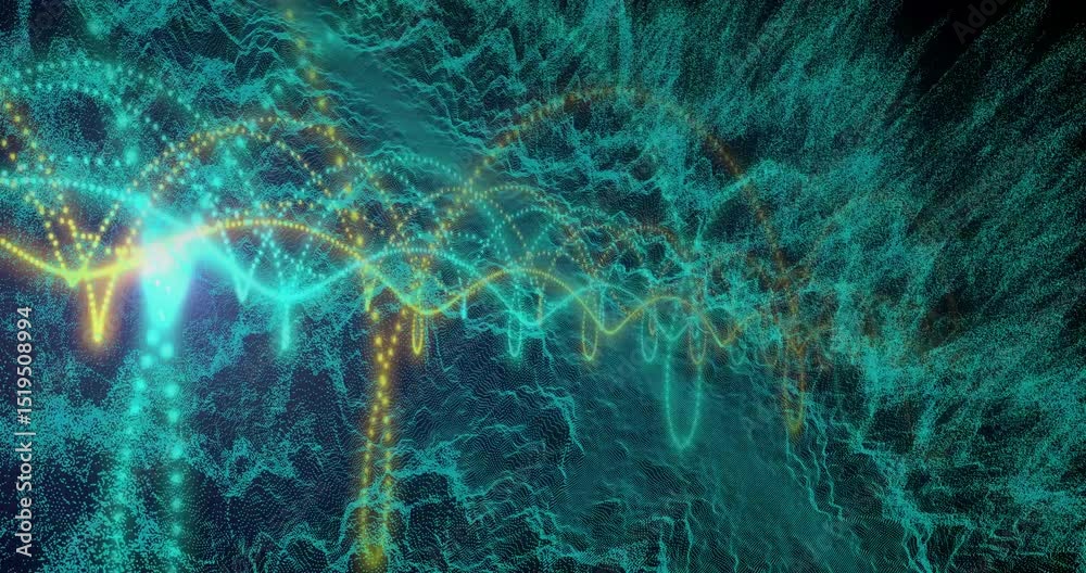Poster signal cluster emerging from dark particle mesh unfolding into sine waves visualizing data flow