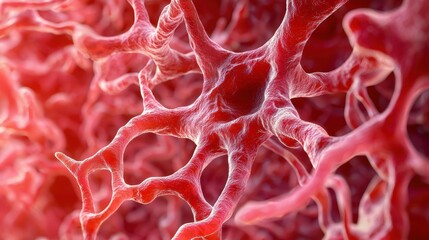 Abstract depiction of biological structures in vibrant red hues.