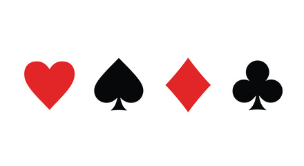 Card of play poker. Casino icon. suit, spade, diamond and heart. Symbols of game club. Set of gambling shapes isolated on white background. Design of signs. Vector.
