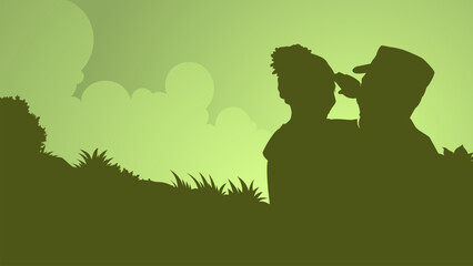 Happy faher's day background, silhouette banner of a daughter saluting his father who is a soldier