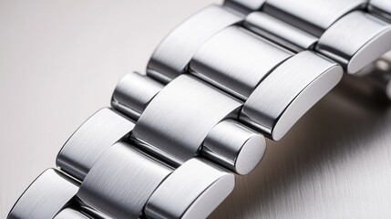Close-up of a polished silver watch bracelet with textured links.