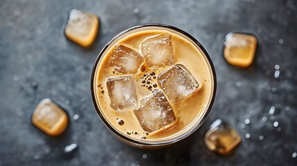 Iced Coffee Drink with Ice Cubes Refreshing Summer Beverage Top View