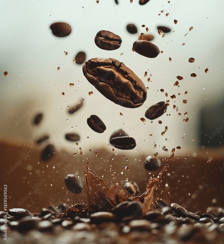 Poster coffee beans splashing in water creating dynamic and artistic visual effect