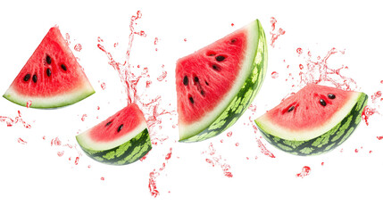 Fresh watermelon slices with splashes of juice against a white background.