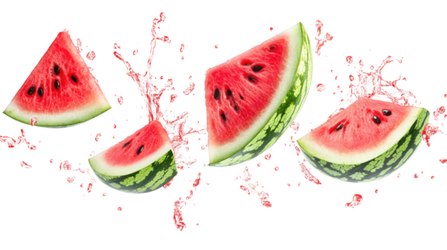 Fresh watermelon slices with splashes of juice against a white background.