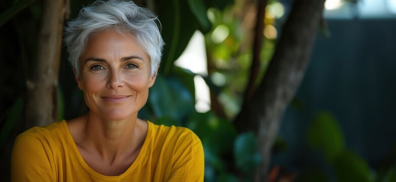 Smiling mature woman with short gray hair in yellow shirt surrounded by greenery