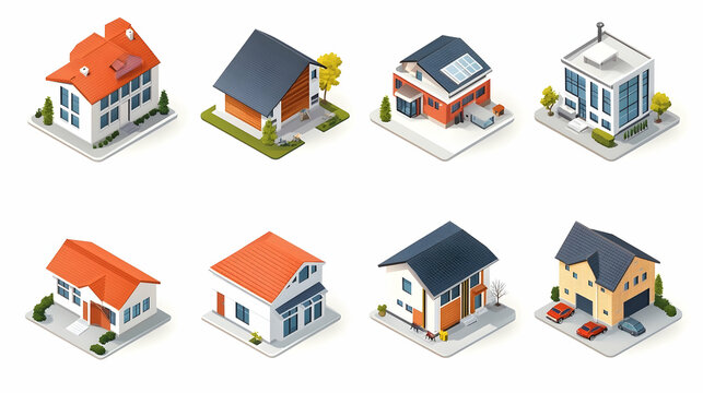 Isometric Residential Building Collection Presenting Architectural Diversity and Style