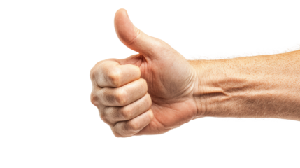 Hand giving a thumbs up gesture, symbolizing approval and positivity, white isolate background.