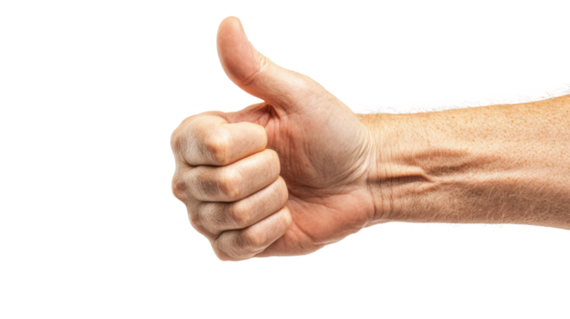 Hand giving a thumbs up gesture, symbolizing approval and positivity, white isolate background.