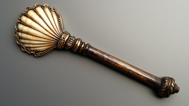 Golden scallop shell on a wooden pilgrim staff representing Saint James Day, highlighted with a warm bronze to ivory gradient backdrop, perfect for religious and spiritual themed designs