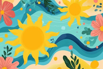 Naklejka premium children's cartoon illustration of sunny tropical landscapes in summer