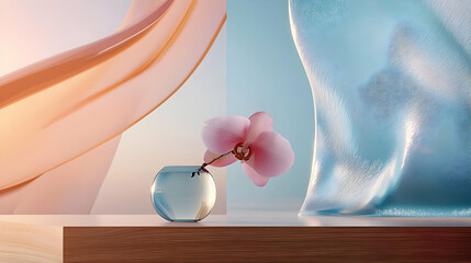 Pink Orchid In Glass Vase On Wooden Surface With Pastel Background