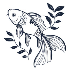 Fototapeta premium Elegant line art depiction of a goldfish with floral elements illustration