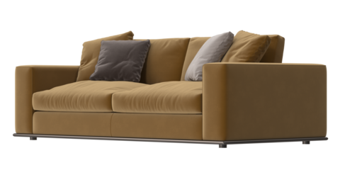 mustard double-seat lounge with pillows angled view isolated.