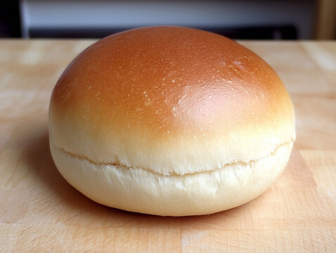 Round bread bun resting on wooden cutting board
