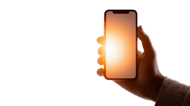 Hand holding smartphone with illuminated screen, modern device for communication and information.