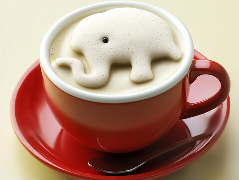 Red cup of coffee with elephant shaped foam art - Powered by Adobe