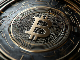 Bitcoin cryptocurrency coin showing golden symbol and electronic circuitry