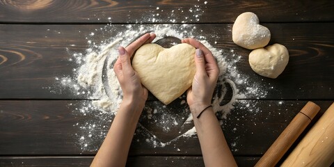 Bakery food photography background - Close up of woman's hands holding a heart shaped dough on wooden dark table