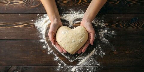 Bakery food photography background - Close up of woman's hands holding a heart shaped dough on wooden dark table
