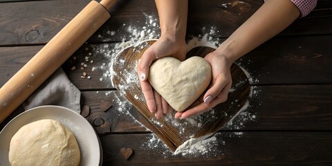 Bakery food photography background - Close up of woman's hands holding a heart shaped dough on wooden dark table
