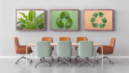 Fototapeta premium Modern meeting room with pastel chairs and sustainability-themed wall art, promoting eco-conscious business practices and green workplace culture.