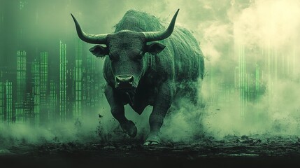 Bull stock market. Green data background