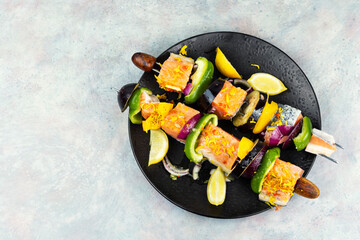 Fresh fish meat on skewers.