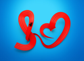 3d Flag Of Albania Heart Shape Shiny Wavy Awareness Ribbon Flag On sky blue Background 3d Illustration