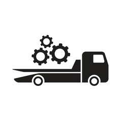 Tow truck icon with gears, car maintenance and repair service symbol, mechanical assistance silhouette, roadside help vector illustration on white background.