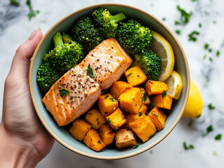 Woman holding healthy bowl with salmon, broccoli and sweet potatoes