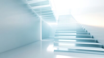 Obraz premium A digitally rendered image shows a modern, minimalist staircase ascending towards a bright light source in a clean, white interior space