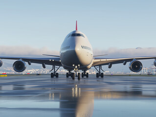 Jumbo jet airplane taxiing on wet runway at dawn